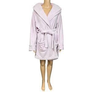 Aerie Womens Plush Hooded Robe Tie Belt Pockets Knee Length Pink Purple Medium